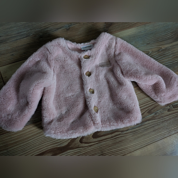 Calvin Klein Other - Calvin Klein Baby Girl Solid Pink Faux Fur Button Down Overcoat 12 Months Soft